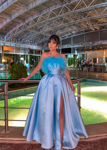 Blue A Line Strapless Feather Satin Prom Dress Evening Dress with Slit HZ1023